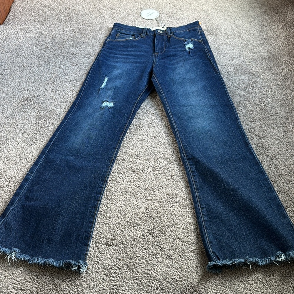 Umgee Distressed Flare Jeans Raw Hem Bell Bottom Denim High Rise SIZE 1